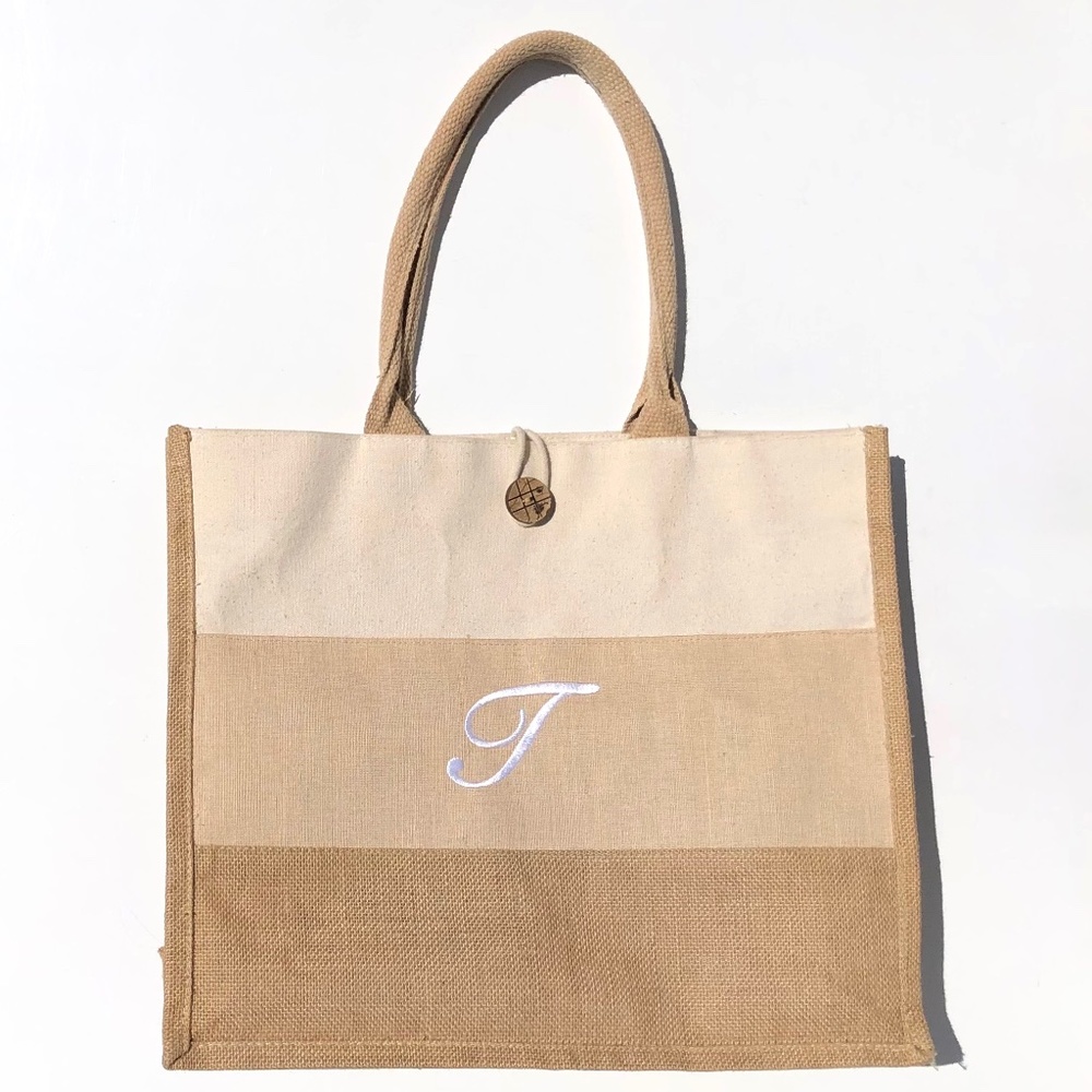 large Burlap Tote Bag Monogram letter T personalized tan stripe beach casual